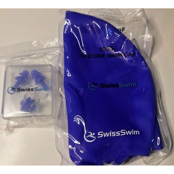 SwissSwim Silicone Swimming Cap w/ Nose Ear Plugs Set Swim Gear New Ocean Blue - Picture 1 of 4